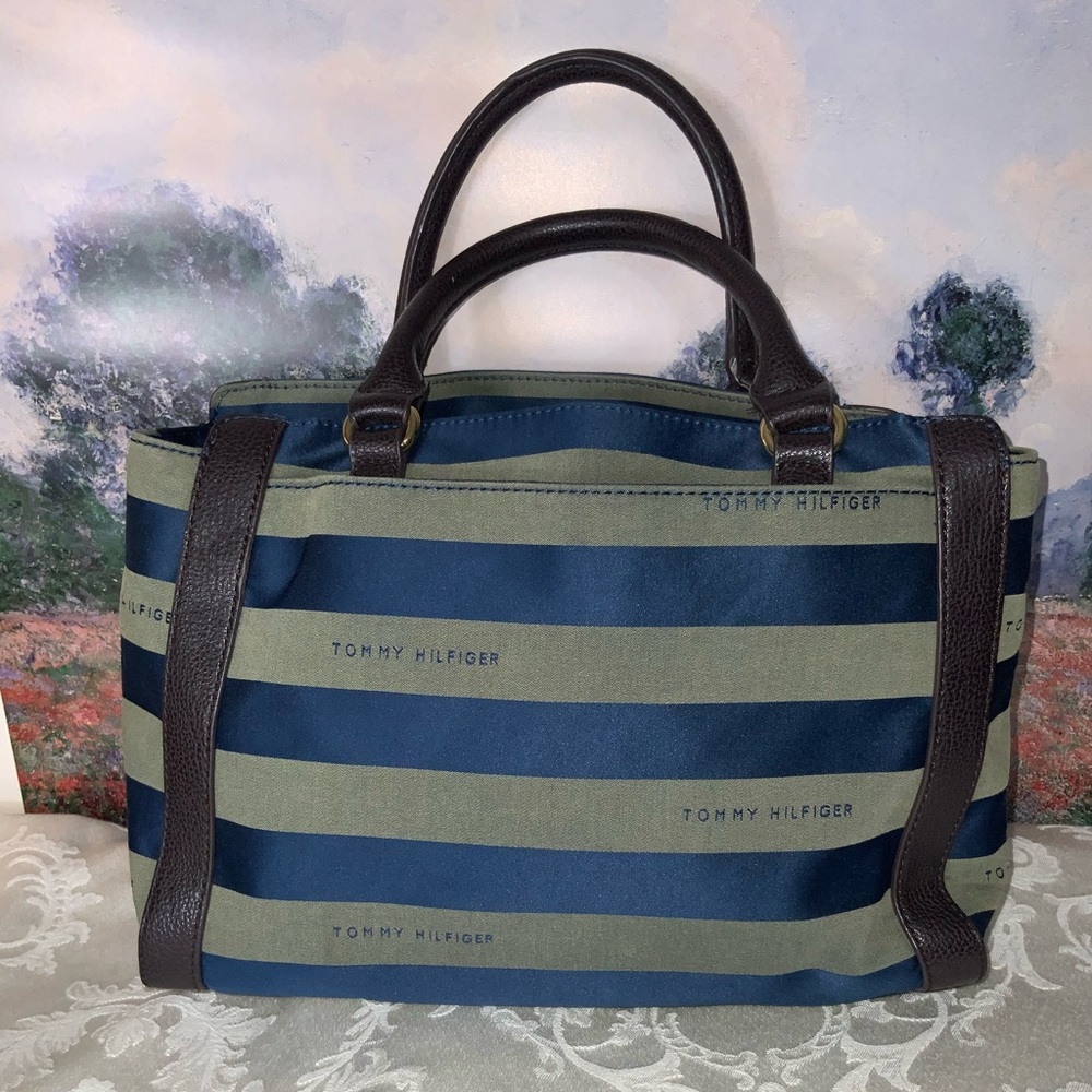 Tommy Hilfiger Blue & Gray Striped Canvas & Brown Leather Satchel Purse Like New - Picture 2 of 11
